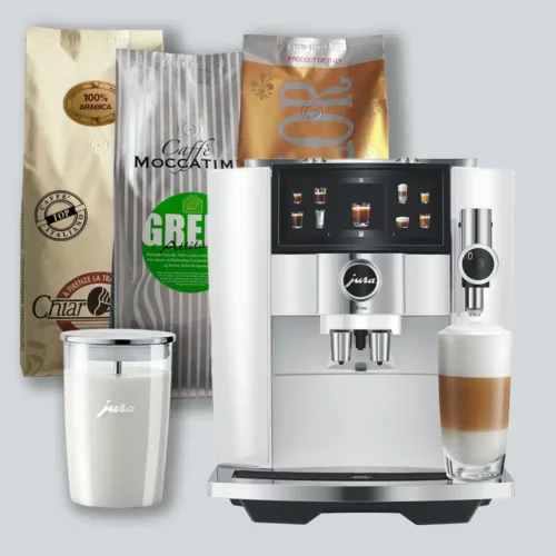 Introtilbud - Jura J8 Twin-espressomaskine i farven Diamond White med 3 kg kaffe og mælkebeholder